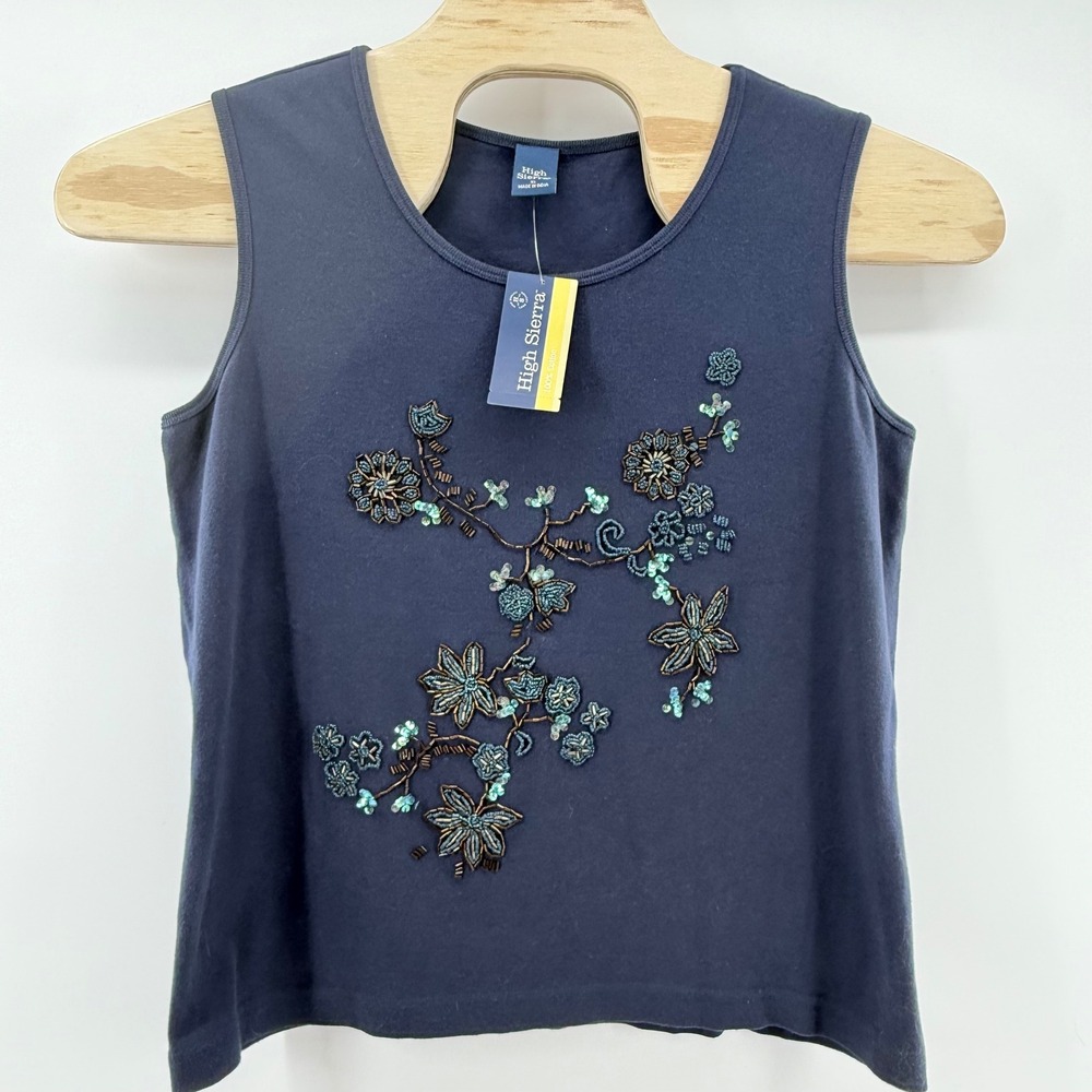 Y2K High Sierra XL Navy Blue Floral Beaded Tank Top‎ Coastal Grandma Chic Artsy